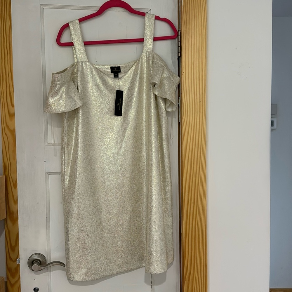 Worthington Off the Shoulder short white and gold bridal dress Size 14